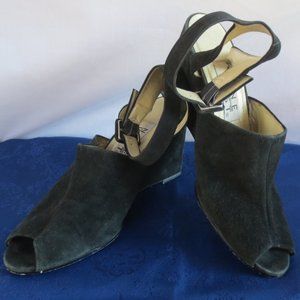 Black Nine West Coppola Genuine Suede Peeptoe Strappy Wedge Heel Shoes Size 6.5